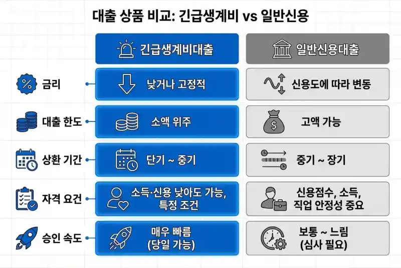 긴급생계비 vs 일반 대출 비교표