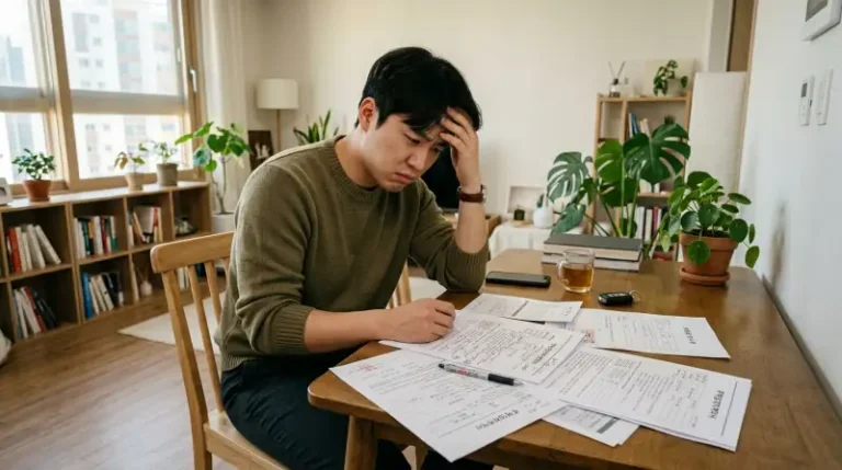 계약서를 살펴보며 고민하는 세입자의 모습