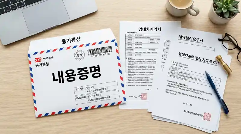 '내용증명' 봉투와 임대차계약, 갱신요구, 거부통지 문서들이 정리된 책상 위 사진