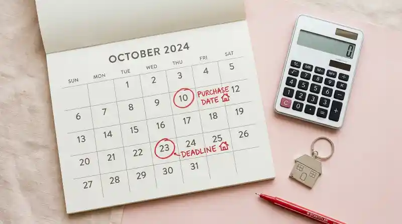 달력에 표시된 날짜와 집 열쇠고리, 계산기