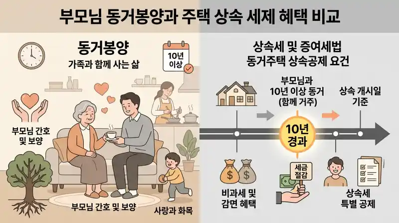 동거봉양 vs 상속 비교 일러스트 