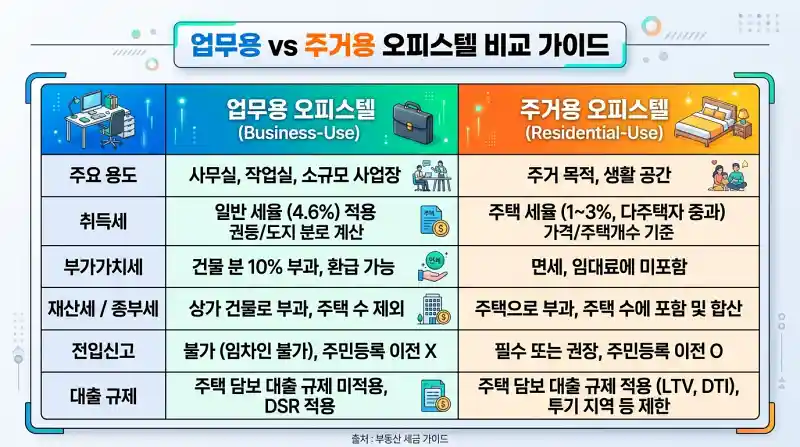 업무용 vs 주거용 오피스텔 비교 테이블