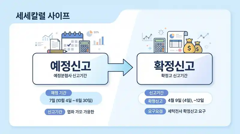'예정신고'와 '확정신고'가 표시된 깔끔한 흐름도