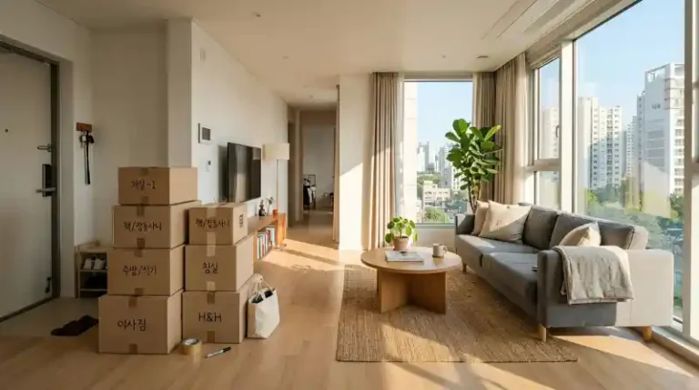 이사 박스가 쌓인 밝은 한국 아파트 거실