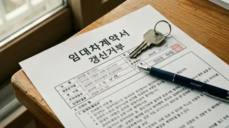 임대차계약서와 갱신거부 문구가 선명하게 보이는 계약서 위에 열쇠와 볼펜이 놓인 클로즈업 사진