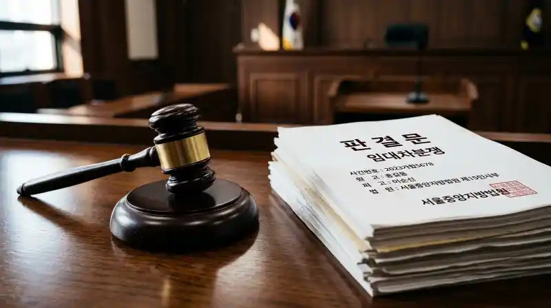 판결문과 임대차분쟁 문서가 쌓여있고 판사봉이 놓인 법정 분위기의 사진