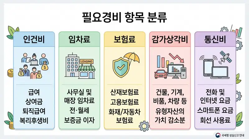 "필요경비 항목 분류" - 인건비, 임차료, 보험료, 감가상각비, 통신비를 색상별로 구분