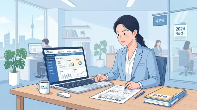 홈택스 화면을 보는 납세자 - 세금 신고 과정을 표현한 실감나는 장면