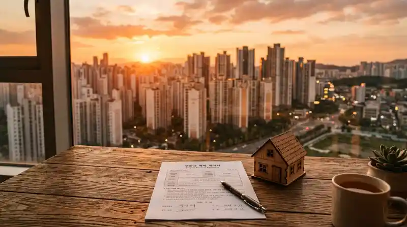 황금빛 노을의 아파트 단지와 계약서, 목조 모형