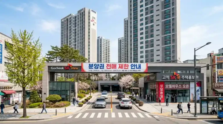 아파트 단지 입구에 "분양권 전매 제한 안내" 현수막이 걸린 분양 사무소 전경