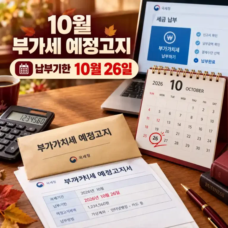 10월 부가세 예정고지서와 계산기, 10월 26일 표시된 달력