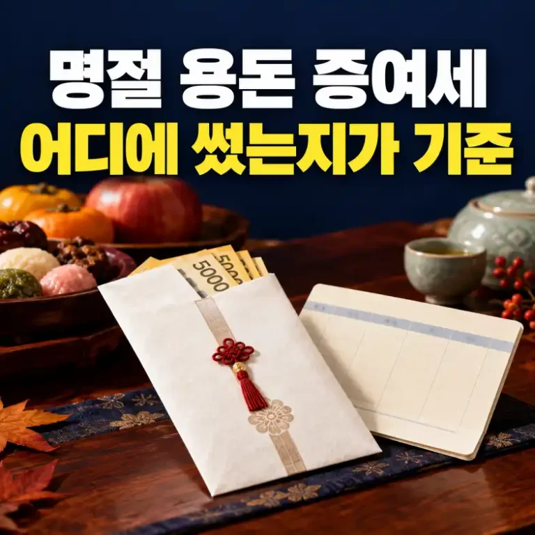 명절 용돈 증여세 기준을 설명하는 추석 상차림 위 용돈 봉투와 통장