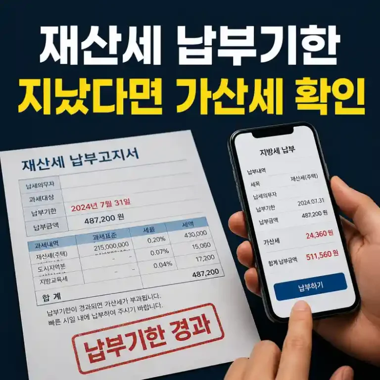 재산세 납부기한이 지난 고지서 앞에서 스마트폰으로 미납 재산세와 가산세를 확인하고 바로 납부하는 사람