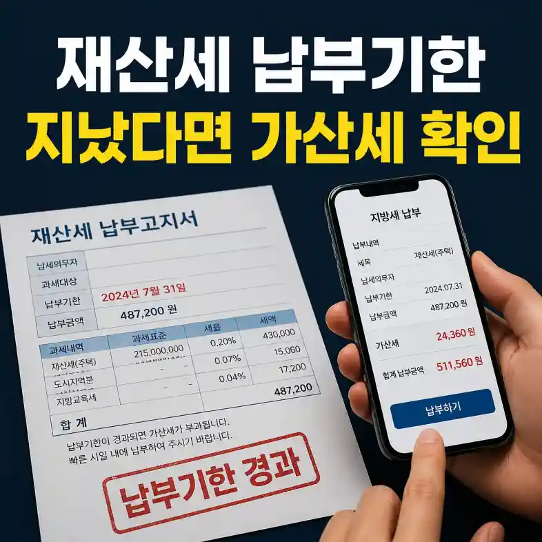 재산세 납부기한이 지난 고지서 앞에서 스마트폰으로 미납 재산세와 가산세를 확인하고 바로 납부하는 사람