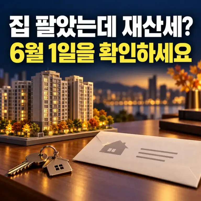 집을 팔았는데 재산세가 나오는 이유를 설명하는 아파트와 세금 고지서 이미지