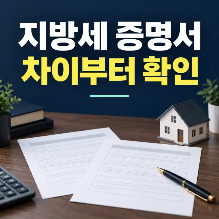 지방세 납세증명서와 세목별 과세증명서 차이를 설명하는 서류와 주택 모형