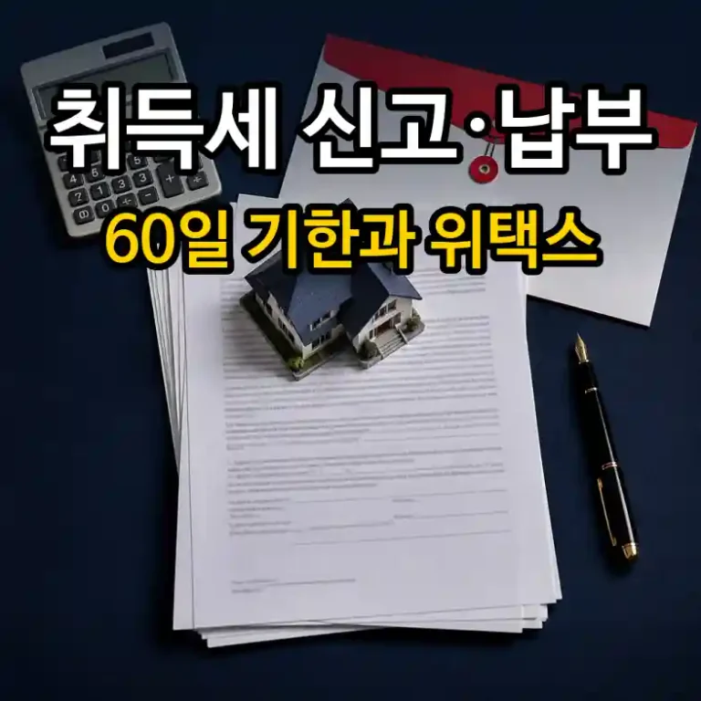 주택 취득세 신고 60일 납부기한과 위택스 인터넷 신고 절차를 설명하는 계약서와 신고서