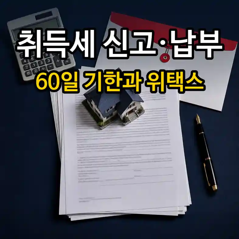 주택 취득세 신고 60일 납부기한과 위택스 인터넷 신고 절차를 설명하는 계약서와 신고서
