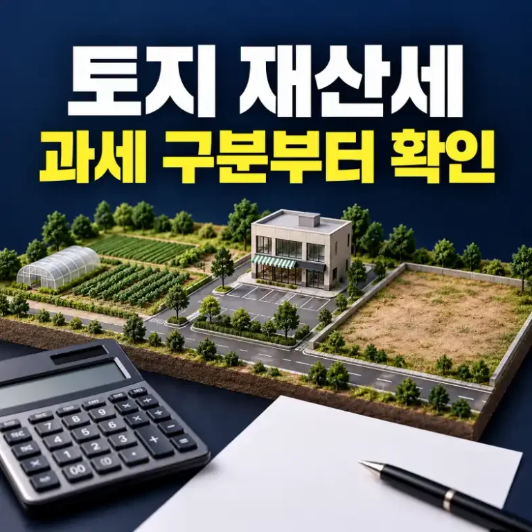 토지 재산세 과세 구분 확인을 설명하는 농지와 상가 부속토지 모형 및 계산기