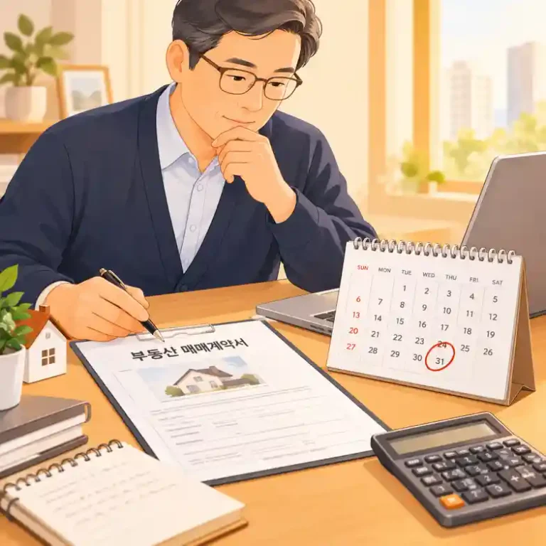부동산 매매계약서와 달력을 보며 양도소득세 예정신고 기한을 계산하는 집주인